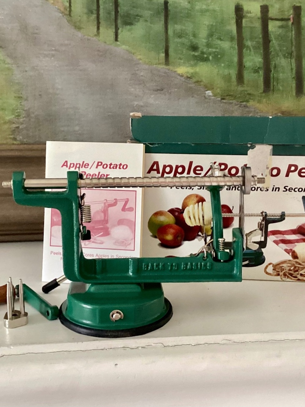 Vtg Apple Potato Peeler Green Cast Iron Suction Base NIB Kitchen Aid Slicer